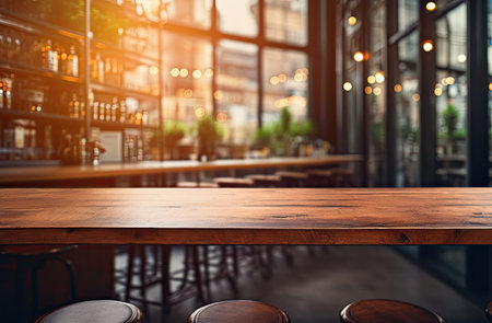 Empty wooden table and Coffee shop blur background with bokeh image.の素材
