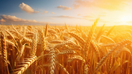 Golden wheat field at sunset or sunrise. Beautiful Nature Landscape.の素材