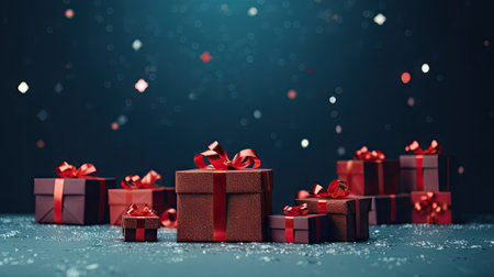 Gift boxes with red ribbons on blue background. 3D renderingの素材