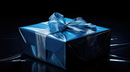 Gift box with blue ribbon on black background, close-upの素材