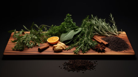 Herbs and spices on a black background. Herbs and spices.の素材