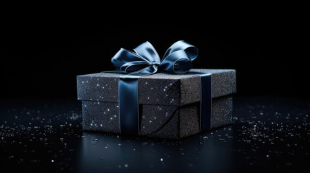 Gift box with blue bow on black background, 3d renderの素材