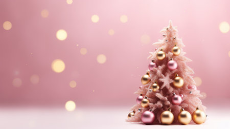 Christmas tree with golden baubles on pink background. 3D renderingの素材