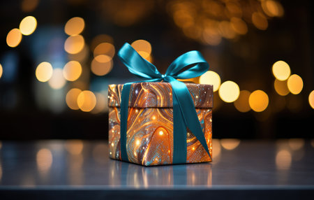 Gift box with blue ribbon on the background of bokeh lightsの素材