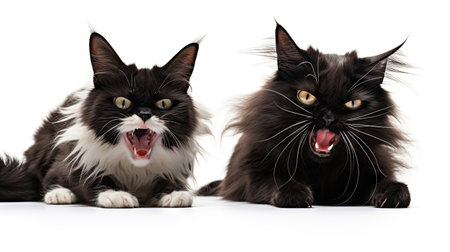 two black and white Maine Coon cats in front of white backgroundの素材