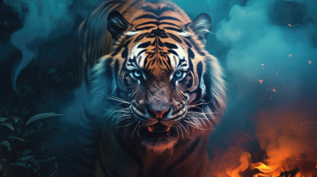 Portrait of a tiger in the forest with fire and smoke.の素材