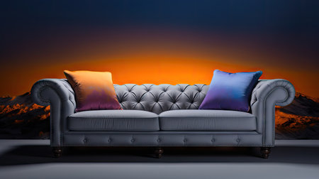 Comfortable sofa with pillows against the backdrop of a beautiful sunsetの素材