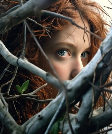 Beautiful young woman with long red hair looking through tree branches.の素材