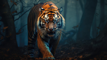 Beautiful tiger in the dark forest. Wildlife scene from nature.の素材