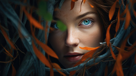 Beautiful young woman with green eyes and orange leaves in her hairの素材