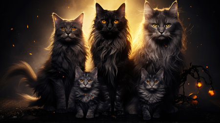 Group of four maine coon cats in front of glowing backgroundの素材