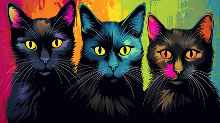 Three black cats on a colorful background. Vector illustration for your designの素材