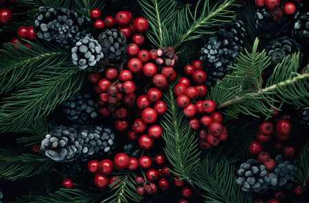 Christmas and New Year background with fir branches, berries and pine cones.の素材
