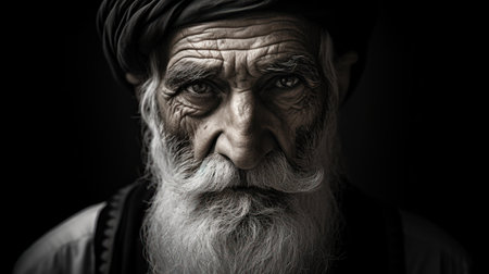Portrait of a sad and depressed old Sikh man with white beard and turbanの素材