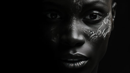 Close-up portrait of beautiful african american woman with black bodyartの素材
