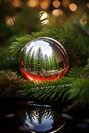 Glass ball with christmas tree and pine branches on bokeh backgroundの素材