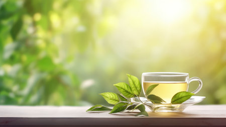 Cup of tea with green tea leaves on wooden table with bokeh backgroundの素材