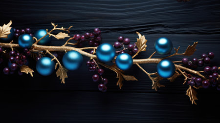 Blue christmas decoration on black wooden background. Top view with copy space.の素材