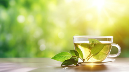 Cup of tea with fresh green tea leaves on wooden table and bokeh backgroundの素材