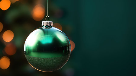 Christmas bauble hanging on christmas tree with bokeh backgroundの素材