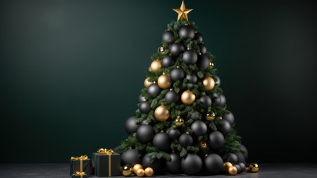 Christmas tree with gold and black baubles and gifts. 3D renderingの素材
