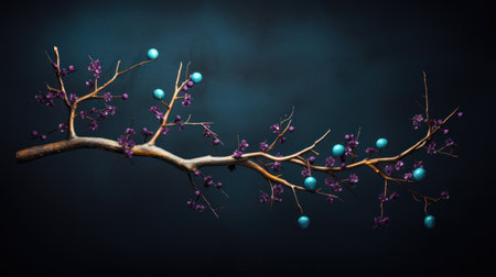 Beautiful branch with purple flowers and blue beads on dark blue backgroundの素材