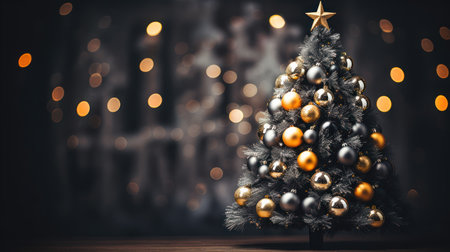 Christmas tree with gold and silver balls on dark background with bokehの素材