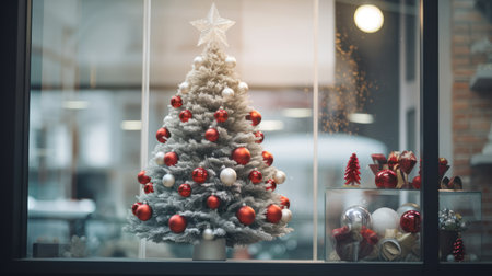 Decorated Christmas tree on the background of a window in a cafeの素材