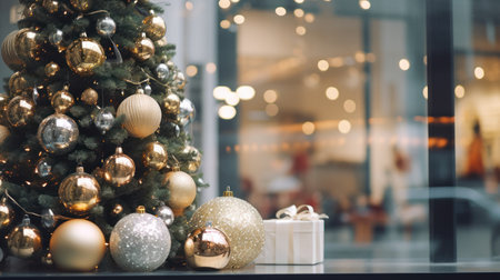 Christmas tree decorated with golden and silver balls and gifts on the background of the windowの素材