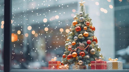 Christmas tree and gifts on the background of a window in the cityの素材