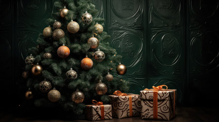 Christmas tree and gifts on a wooden table in front of a green wallの素材