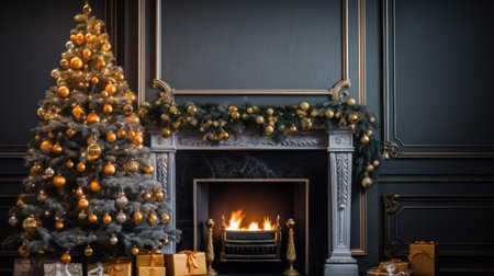 Christmas tree, fireplace and gifts on the background of a dark wallの素材