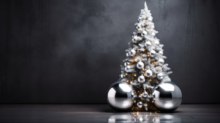 Christmas tree and silver baubles on dark background 3D renderingの素材