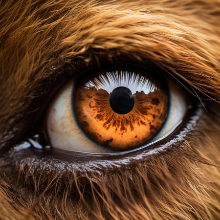 Close up of a dog's brown eye. Selective focus.の素材