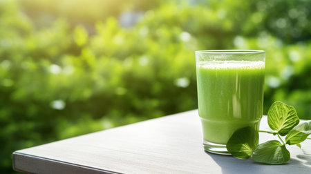Glass of fresh smoothie and green leaves on table outdoors, closeupの素材