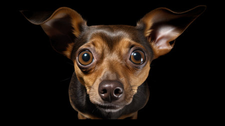 Close up of a Miniature Dachshund, isolated on black backgroundの素材