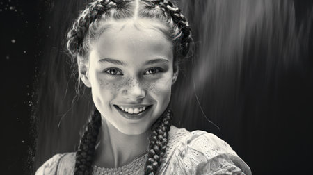 Portrait of a beautiful little girl with braids in the rain.の素材