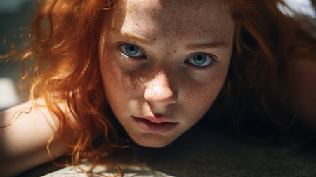 Close-up portrait of beautiful red-haired girl with freckles.の素材