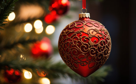 Christmas tree decoration with baubles on blurred background, closeupの素材