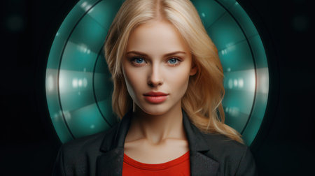 Portrait of a beautiful blonde girl in a black jacket and red t-shirt.の素材