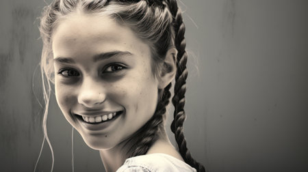 Portrait of a beautiful young girl with braids. Toned.の素材