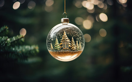 Christmas ball with fir tree on bokeh background. Christmas decorationの素材