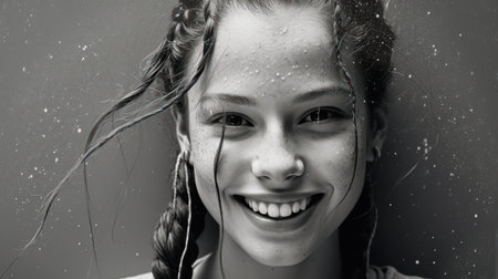 Portrait of a smiling girl with braids in the rain.の素材