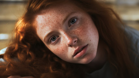 Portrait of a red-haired girl with freckles on her faceの素材