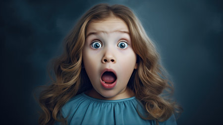 Surprised little girl with long blond hair. Portrait of a surprised child.の素材