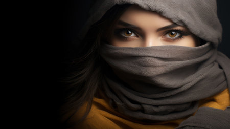Closeup portrait of a beautiful girl in a scarf on a black backgroundの素材