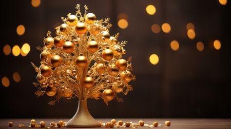 Golden christmas tree on wooden background with bokeh lights.の素材