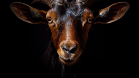 Portrait of a goat with big horns on a black background.の素材