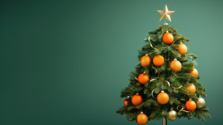 Christmas tree with tangerines on green background. 3d illustrationの素材