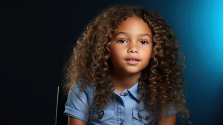 Portrait of a cute little girl with long curly hair on a blue backgroundの素材